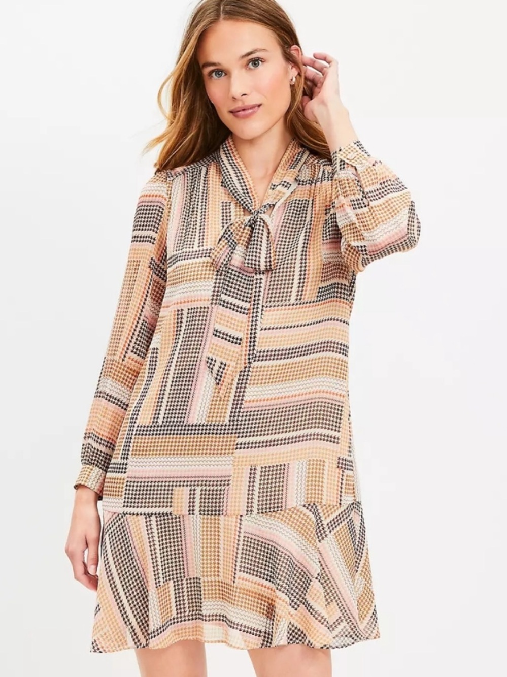Loft Houndstooth Tie-Neck Dress